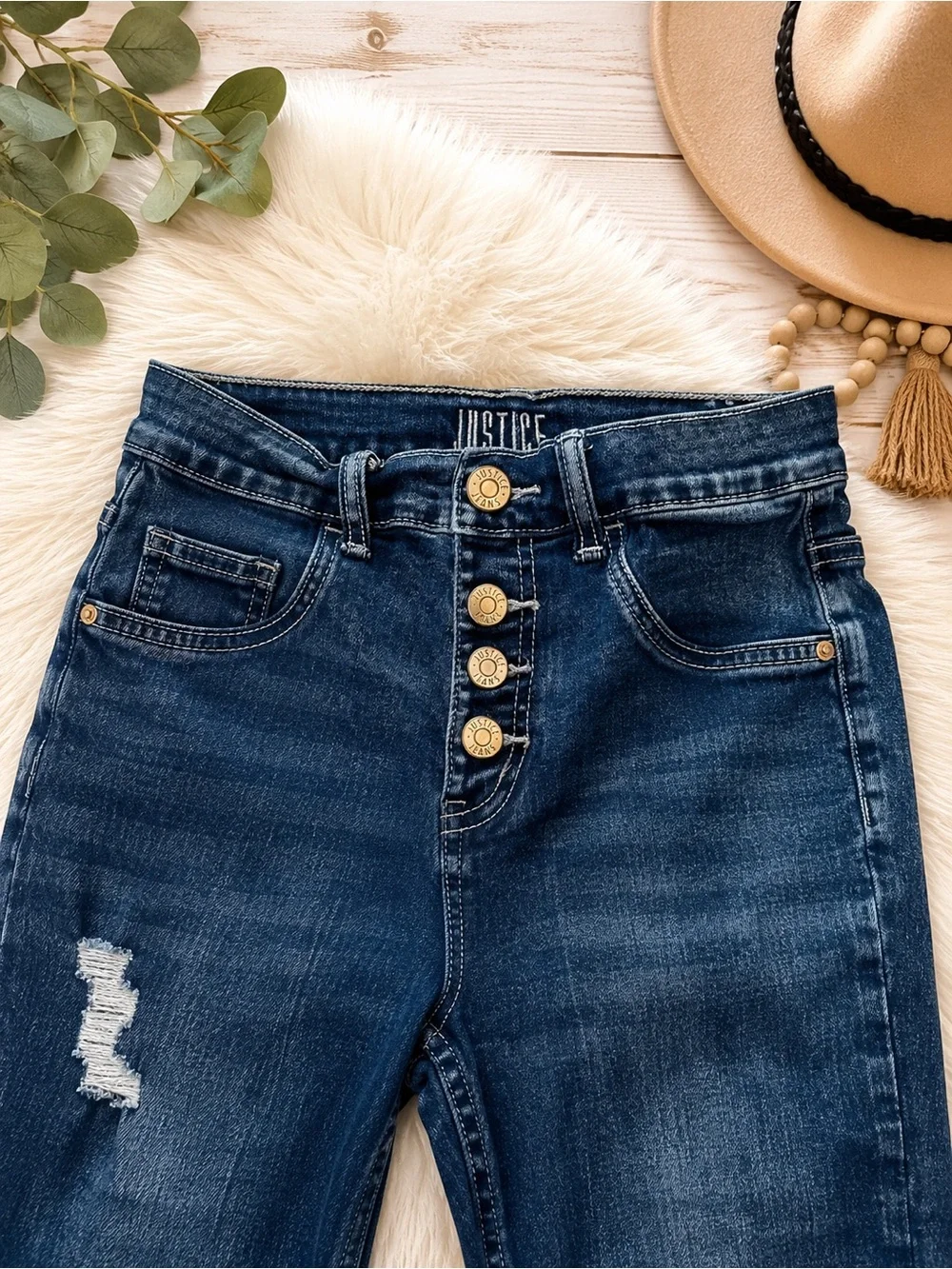 Justice Girls Size 14 High Rise Button Fly Distressed Jeans